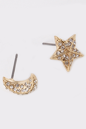 Rhinestone Studded Star And Moon Stud Earring 5DBE5